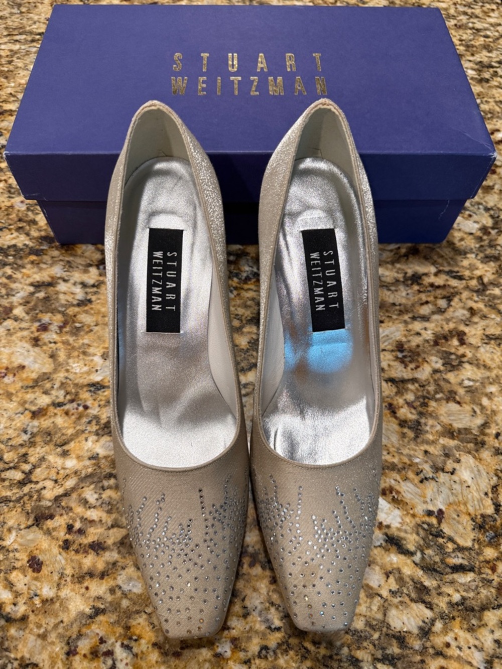 NEVER WORN! Stuart Weitzman Tan w Silver Crystal-Embellished Pointed-Toe Pumps